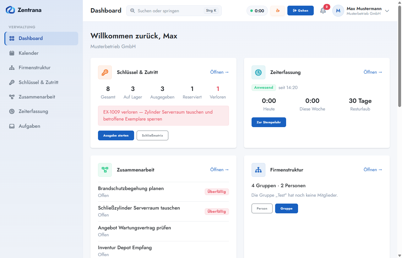 Dashboard von Zentrana mit Schlüsseln, Zeiterfassung und offenen Aufgaben