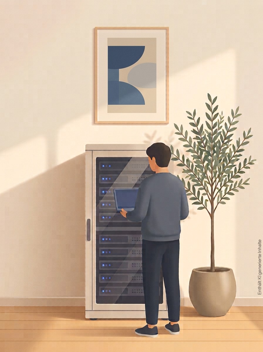 Ein Techniker arbeitet mit dem Notebook am offenen Serverschrank in einem hellen Raum.